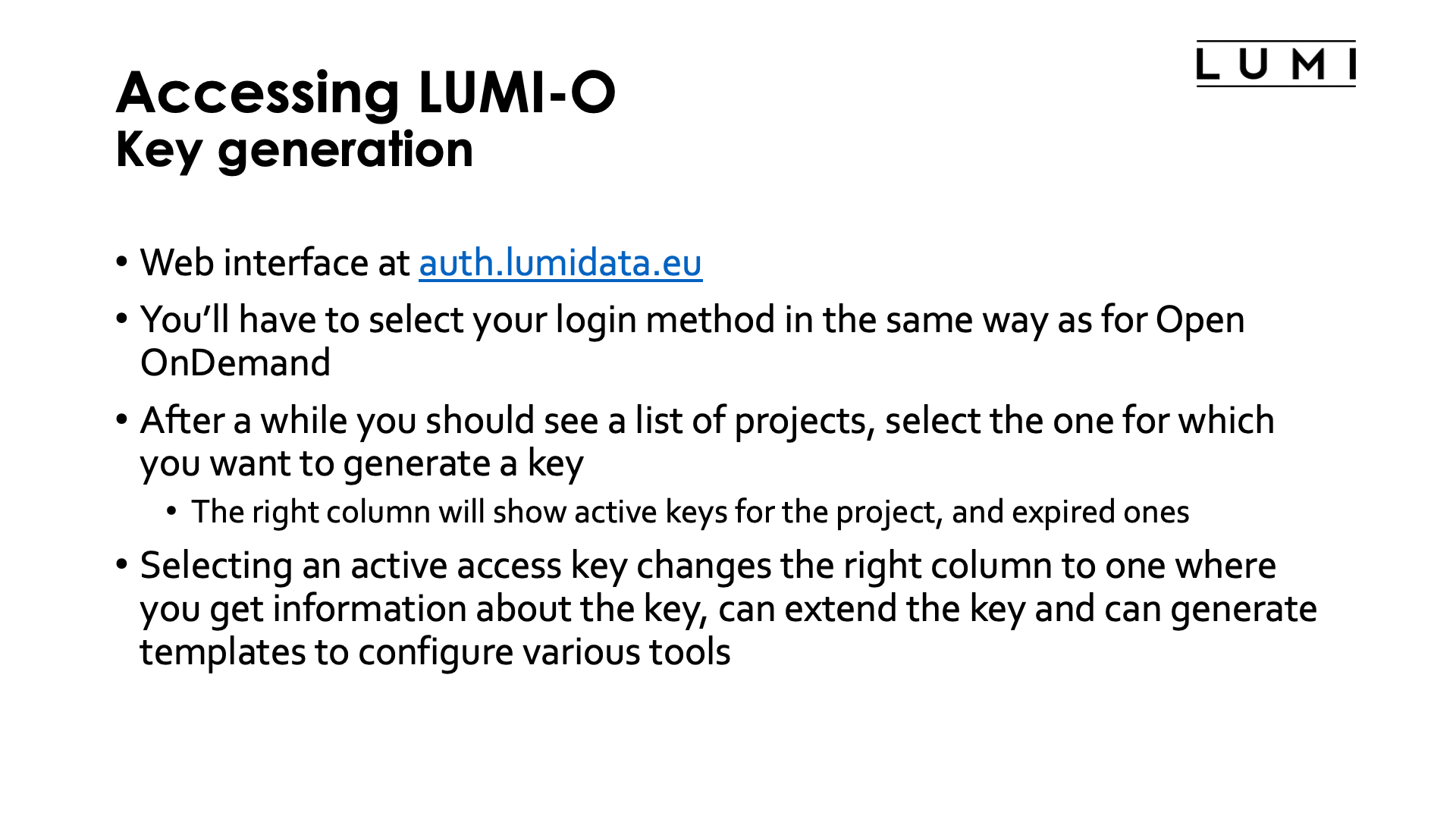 Slide Accessing LUMI-O: Key generation