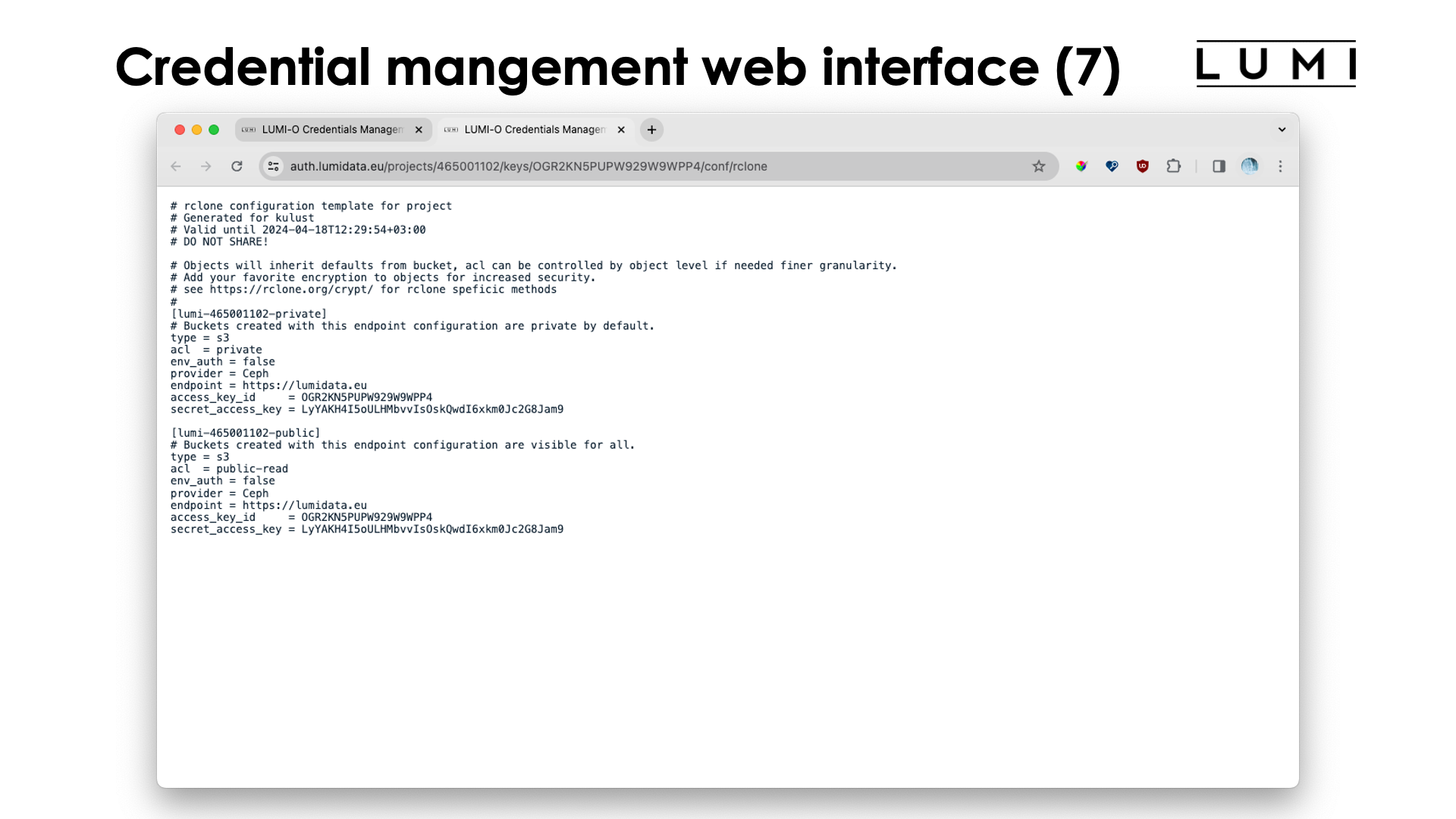 Slide Accessing LUMI-O: Credentials management web interface (7)