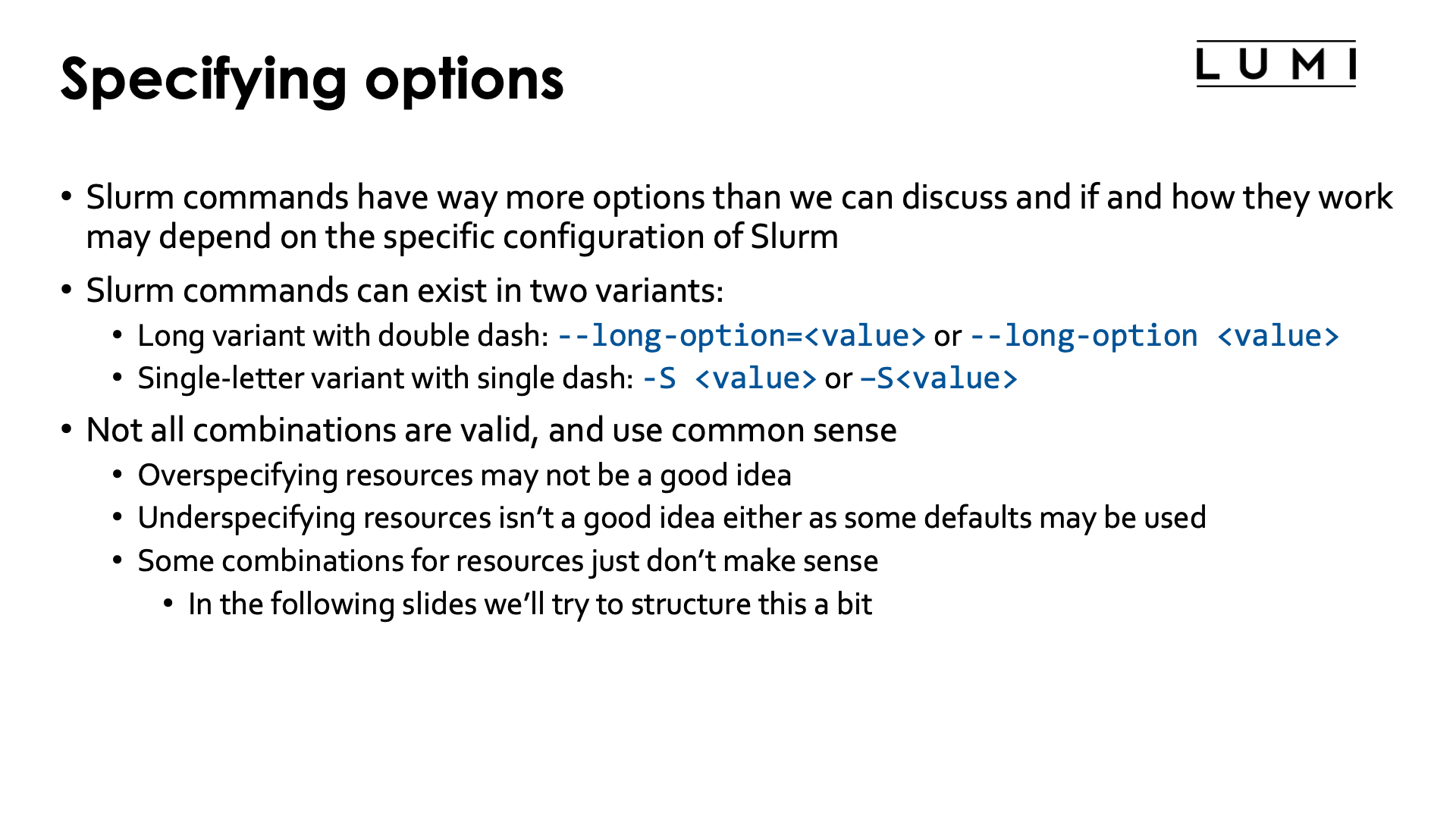 Slide Specifying options