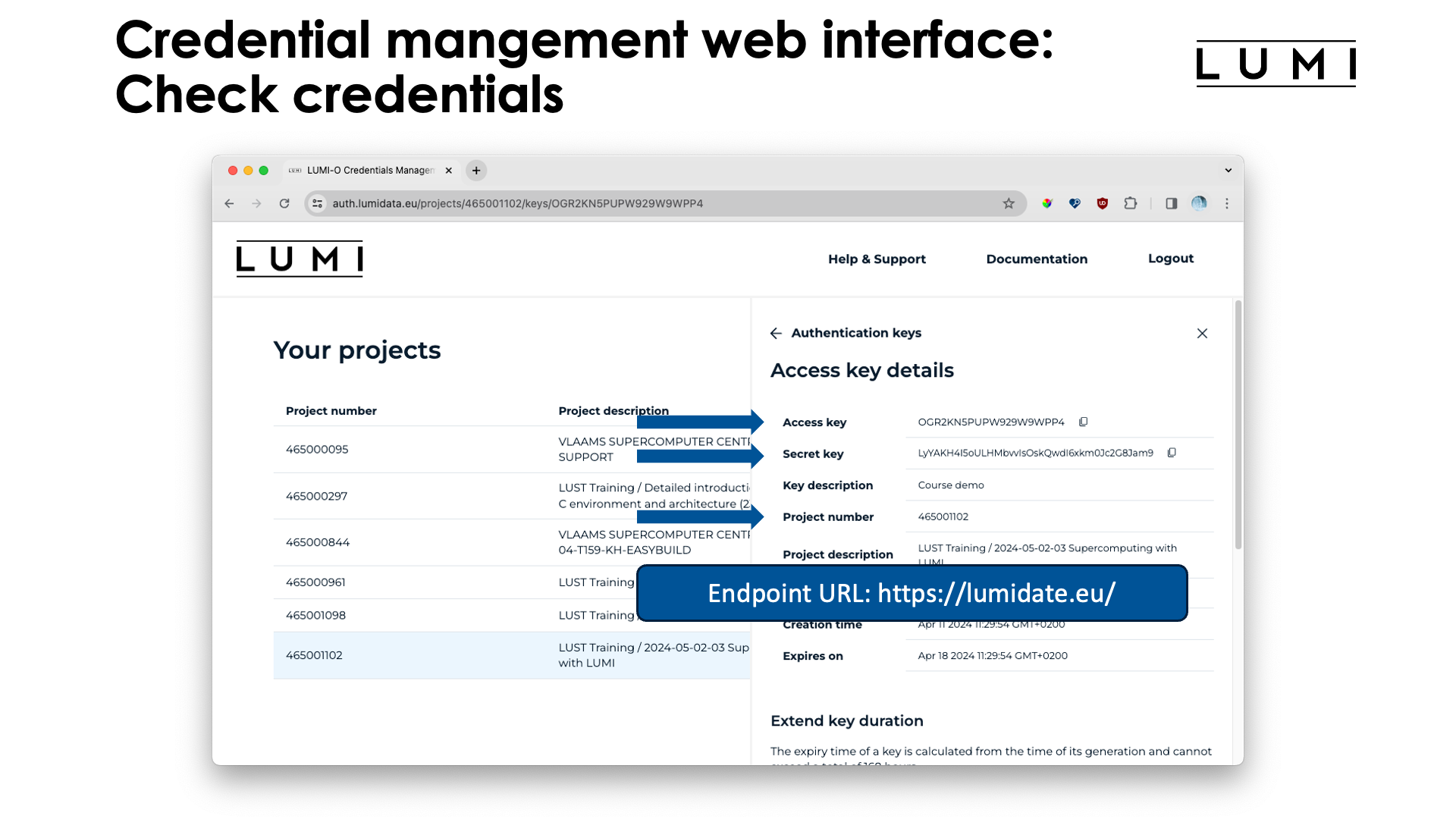 Slide Credentials management web interface: Check credentials