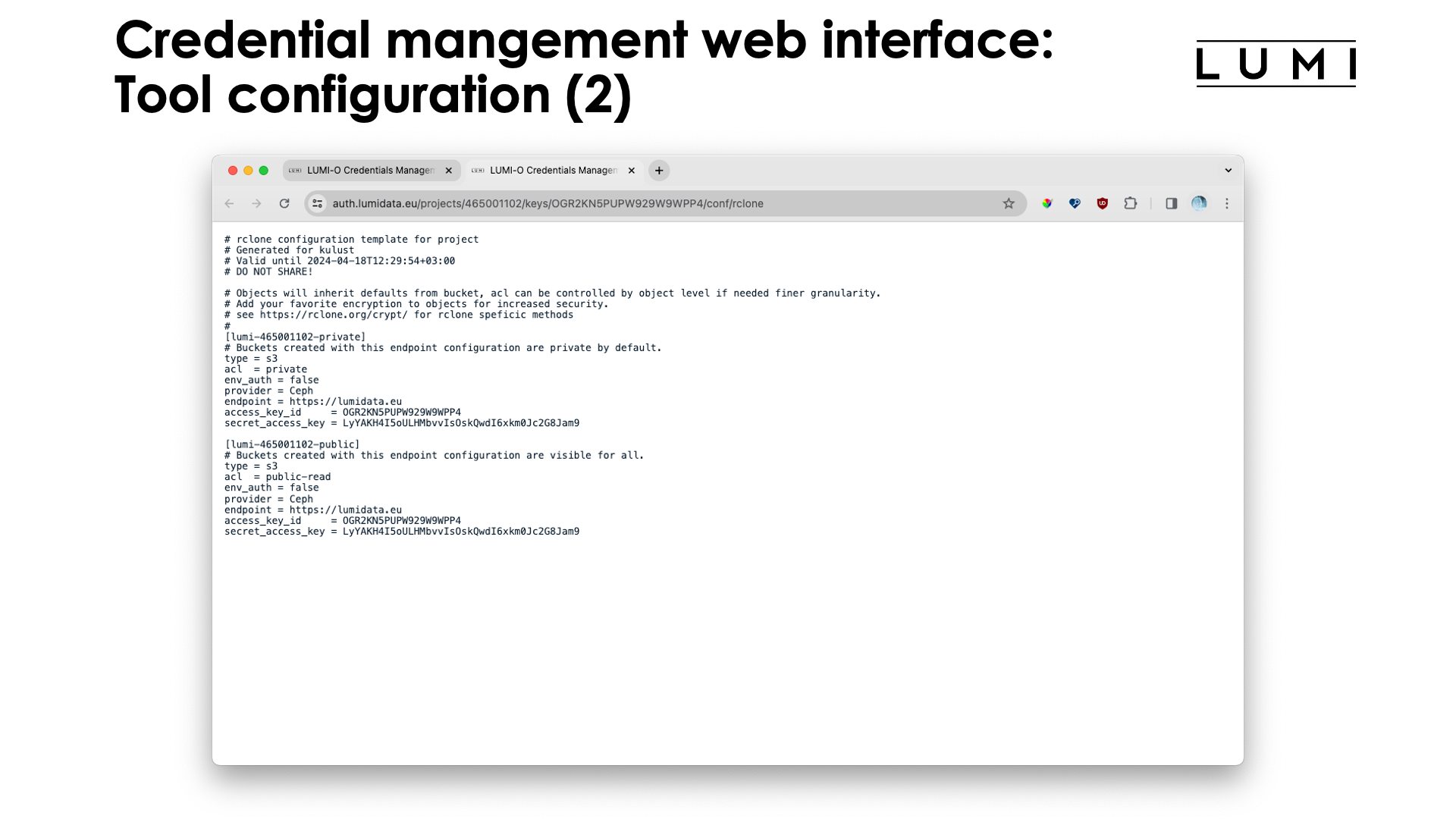 Slide Credentials management web interface: Configuring tools (2)