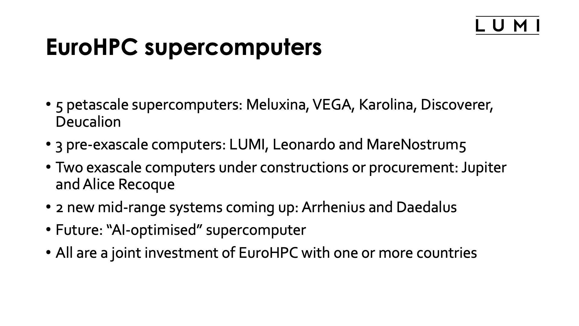 Slide EuroHPC Supercomputers