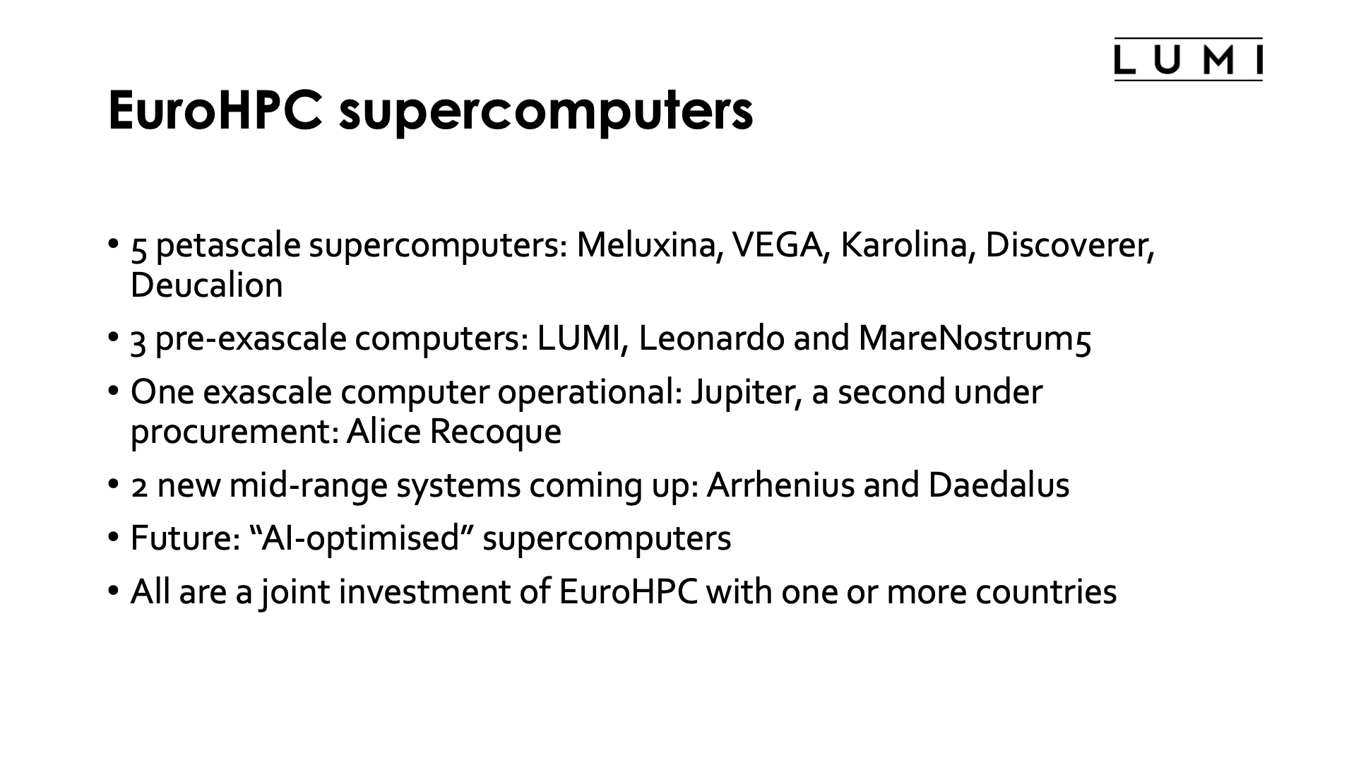 Slide EuroHPC Supercomputers
