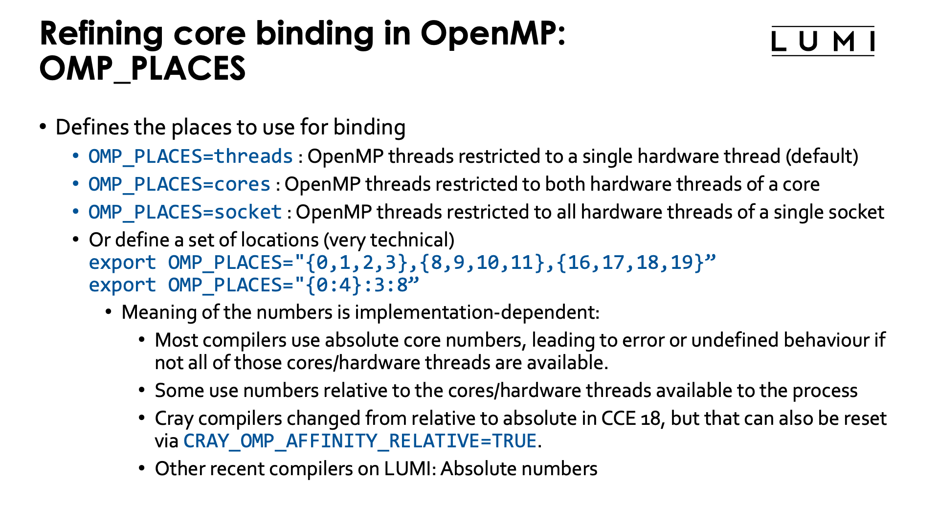 Slide Refining core binding in OpenMP: OMP_PLACES