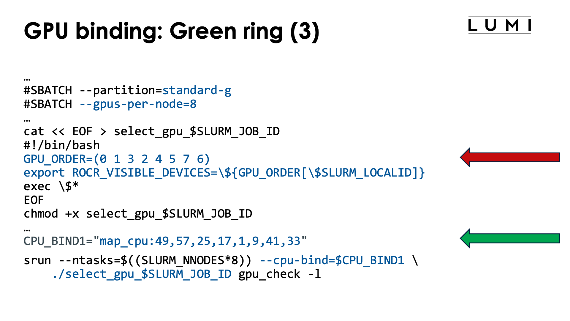 Slide GPU binding: Implementation: Green ring, OpenMP, slide 3