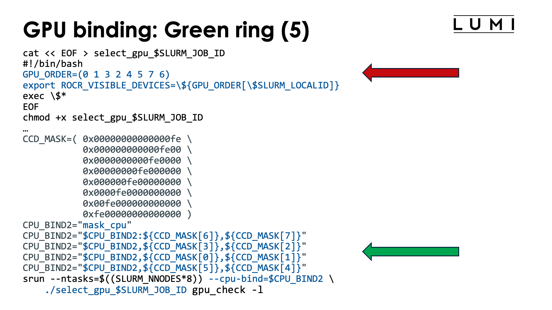 Slide GPU binding: Implementation: Green ring, OpenMP, slide 5
