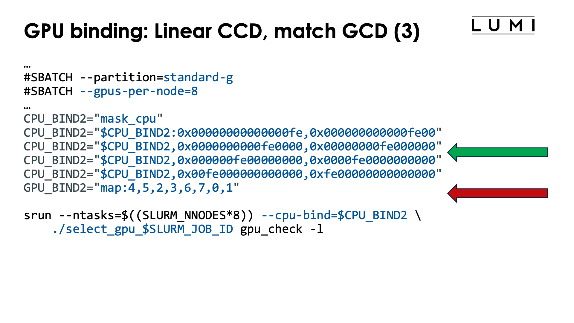 Slide GPU binding: Implementation: Linear CCD, match GCD, with cpus-per-task