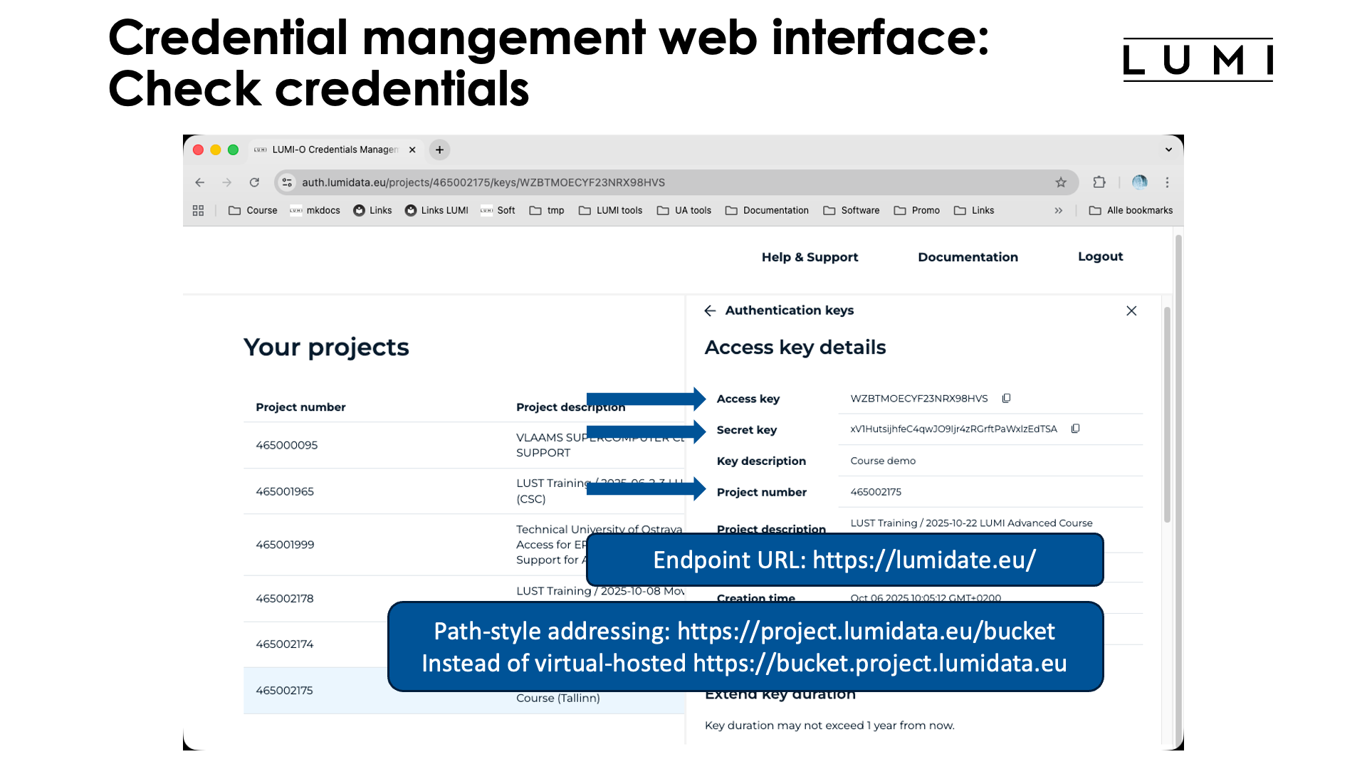 Slide Credentials management web interface: Check credentials