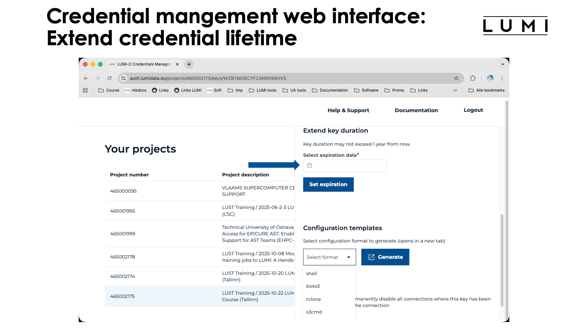 Slide Credentials management web interface: Extending the life span of a key