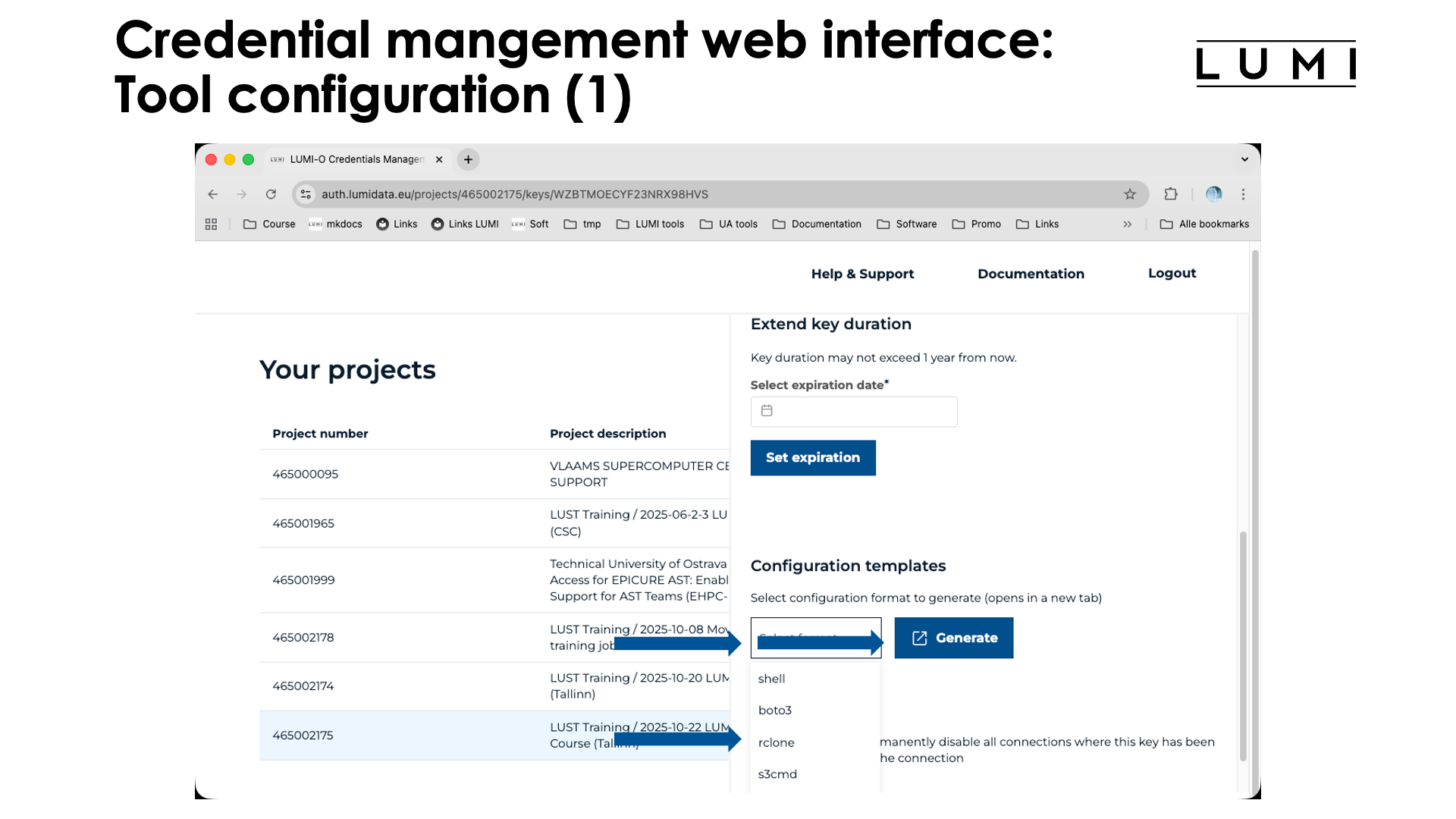 Slide Credentials management web interface: Configuring tools (1)