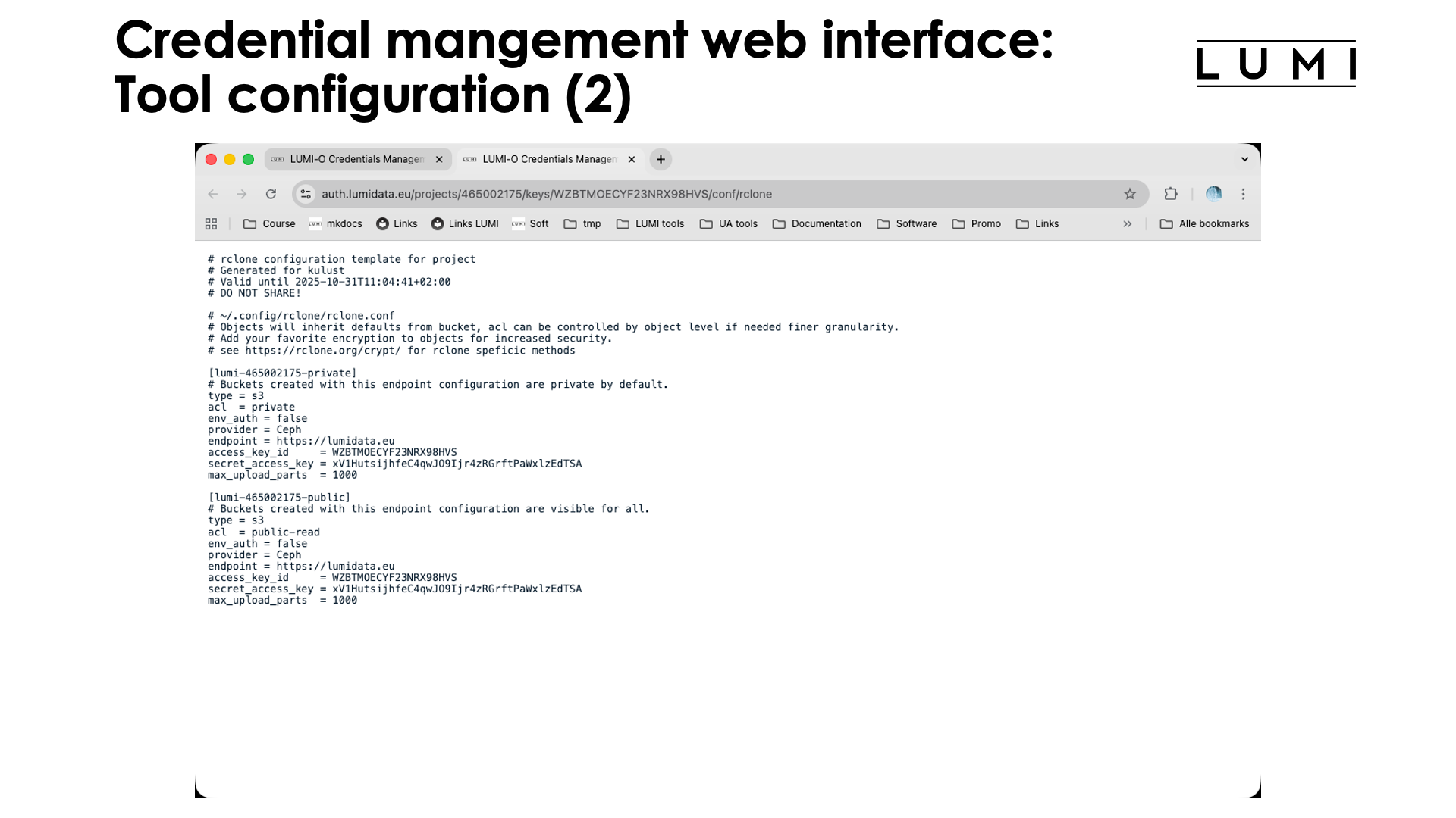 Slide Credentials management web interface: Configuring tools (2)