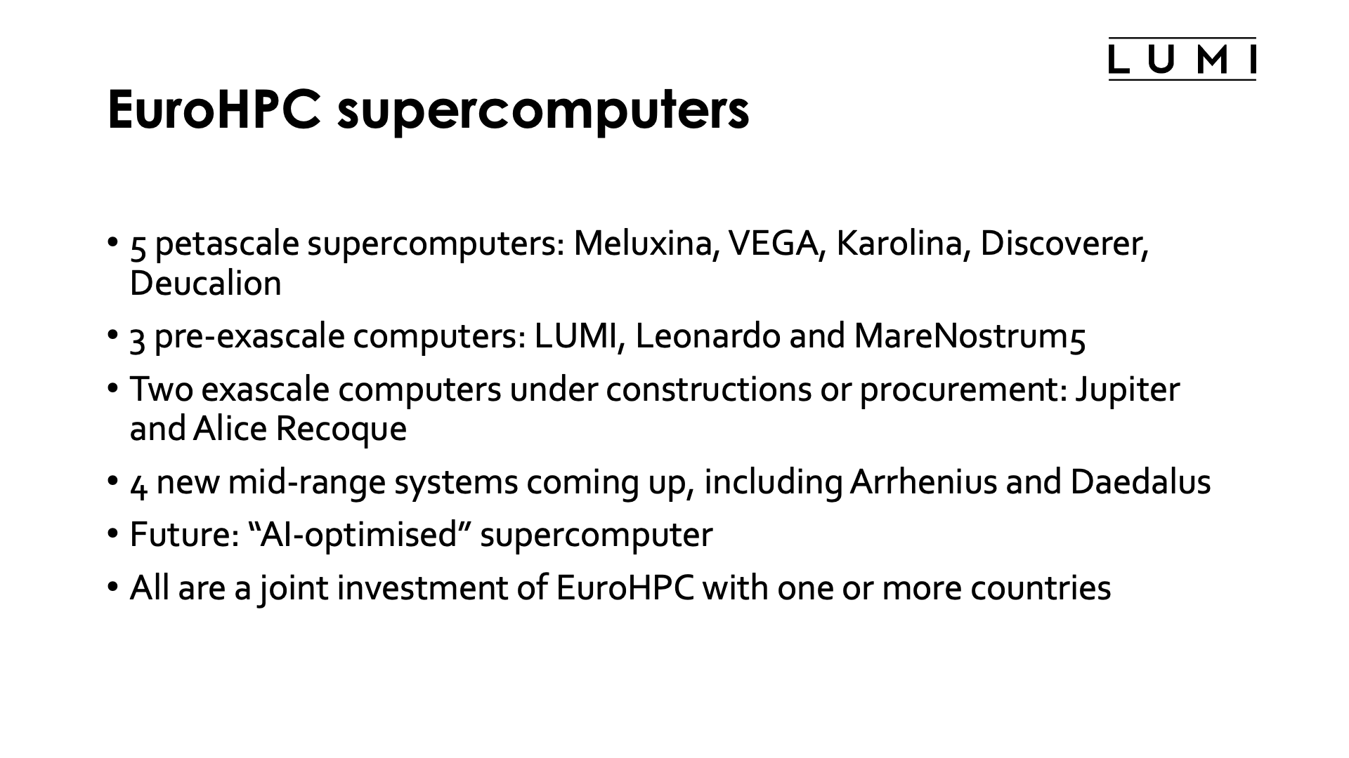 Slide EuroHPC Supercomputers