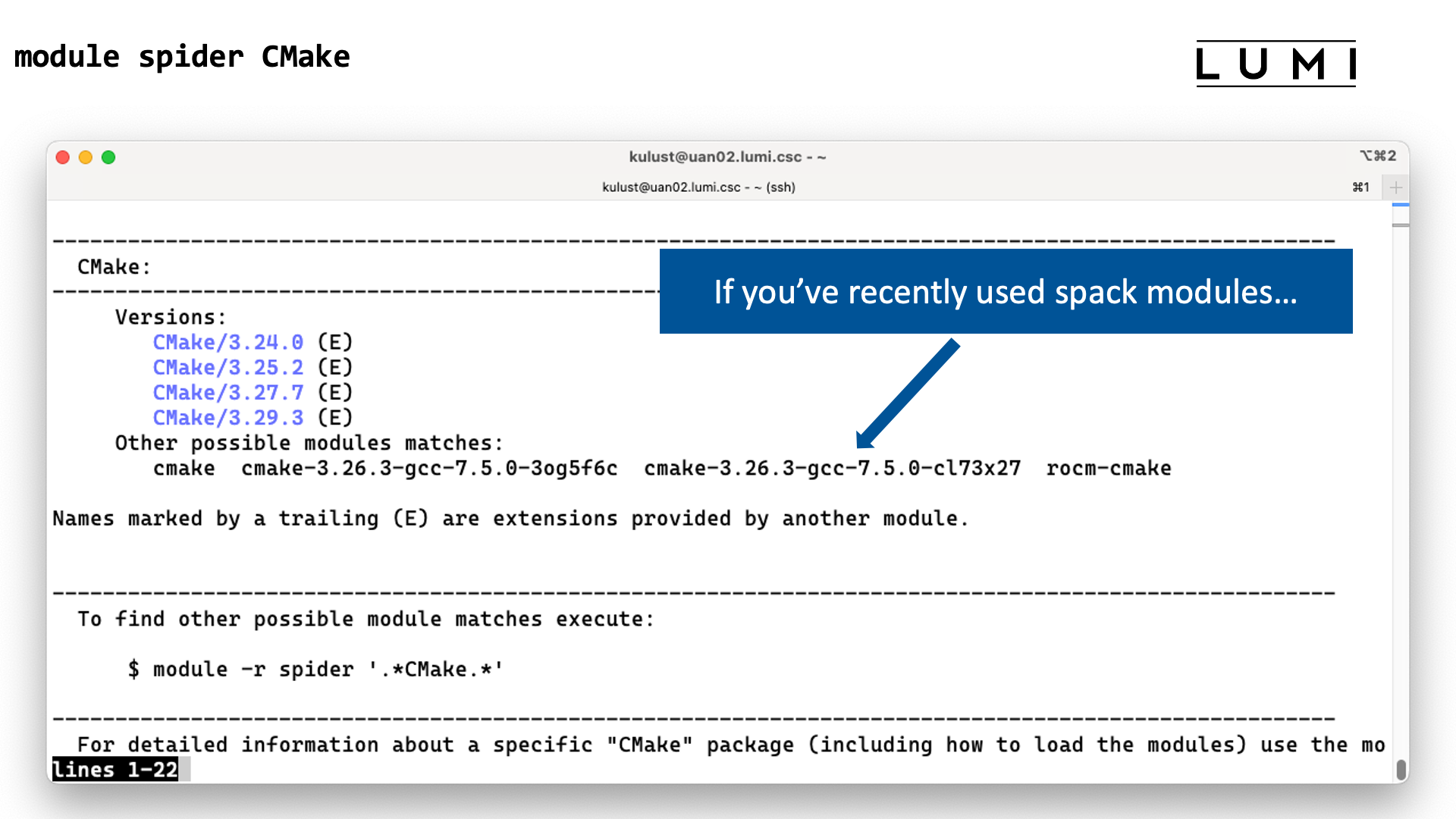 module spider CMake with Spack