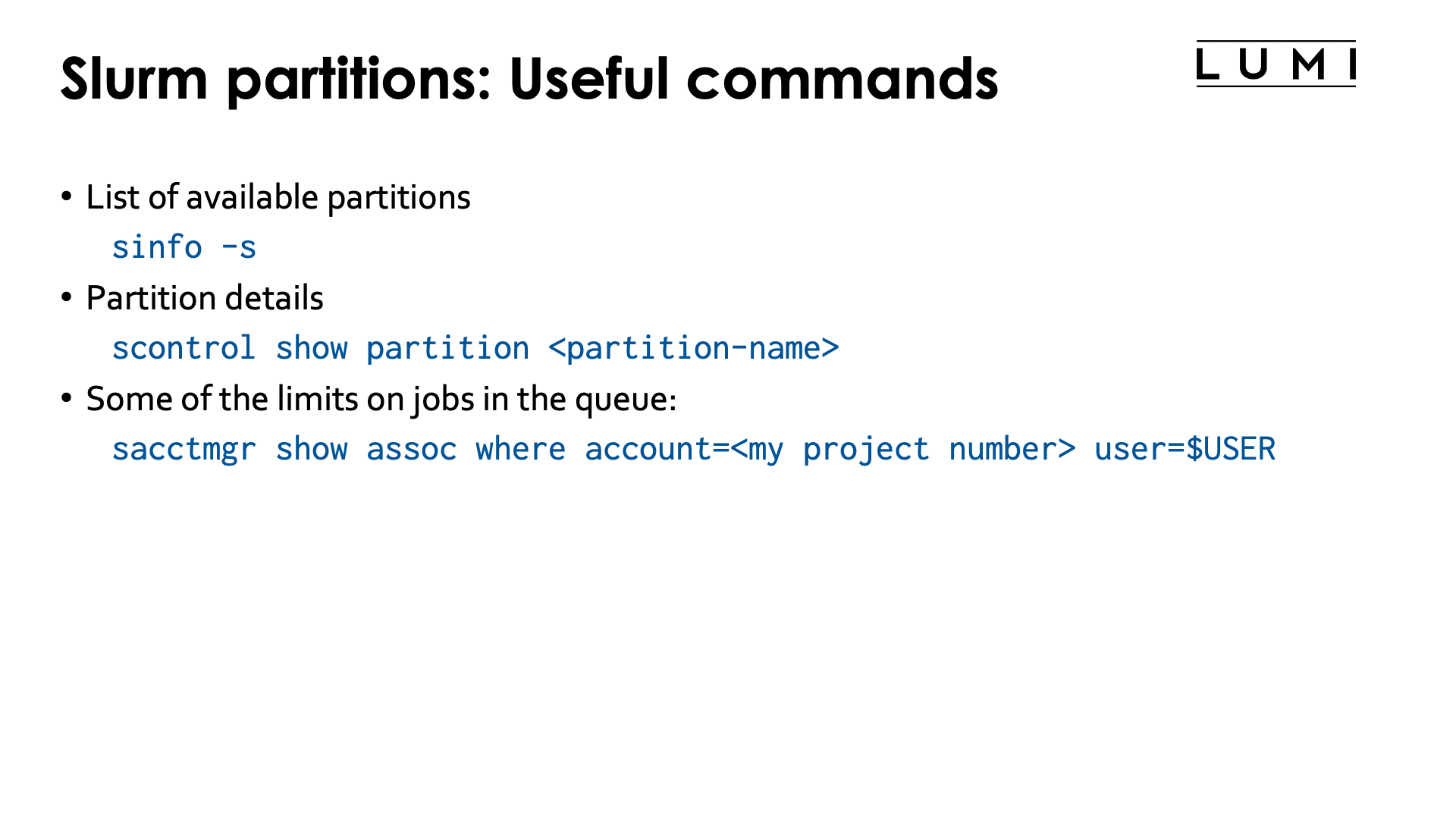 Slide Partitions: Useful commands