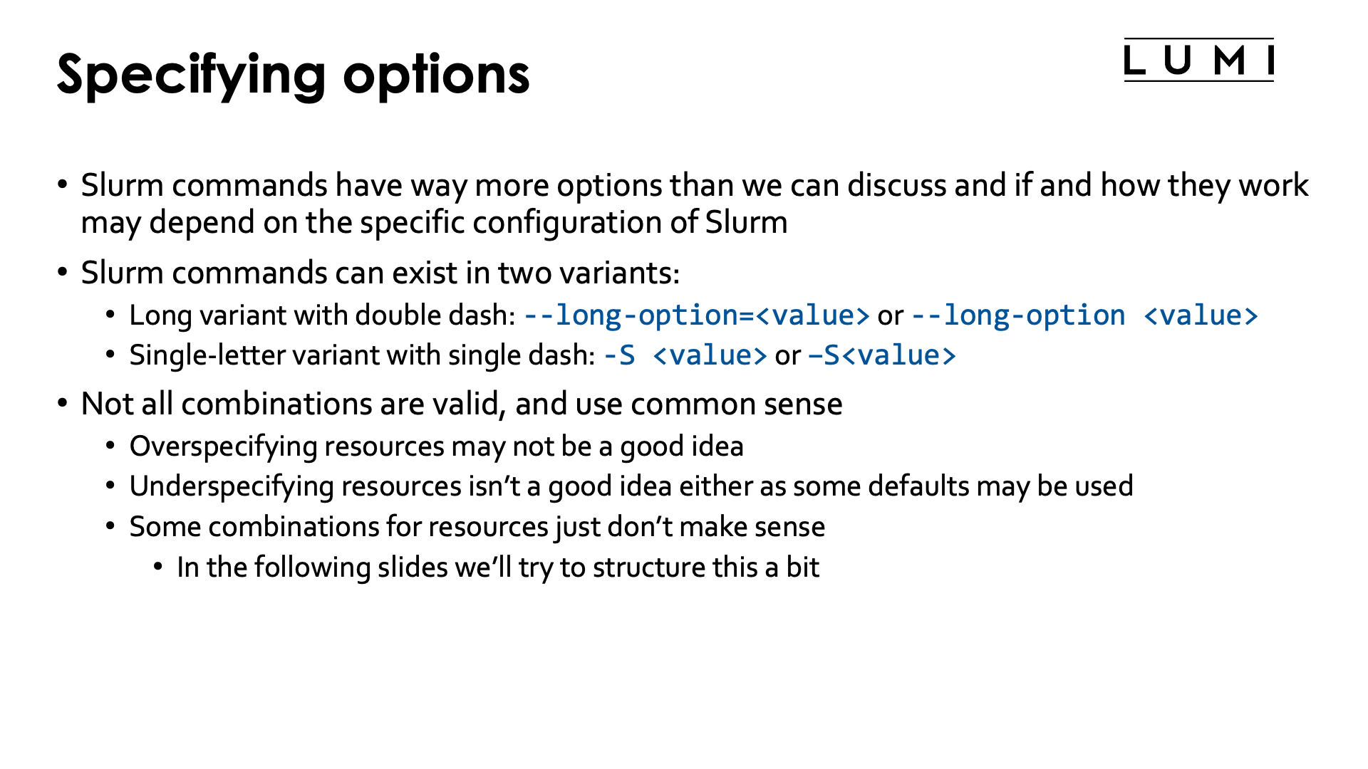 Slide Specifying options