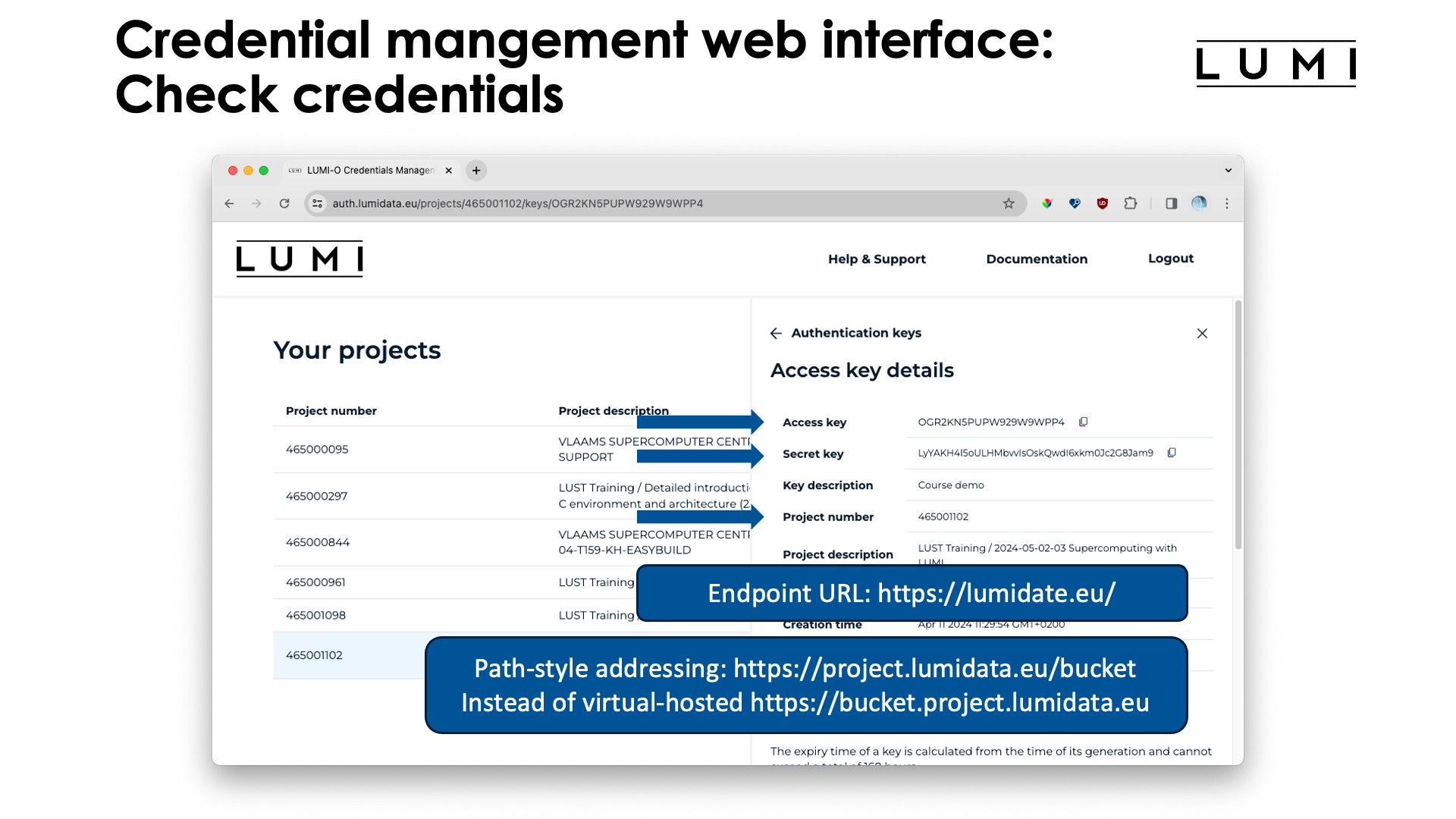 Slide Credentials management web interface: Check credentials