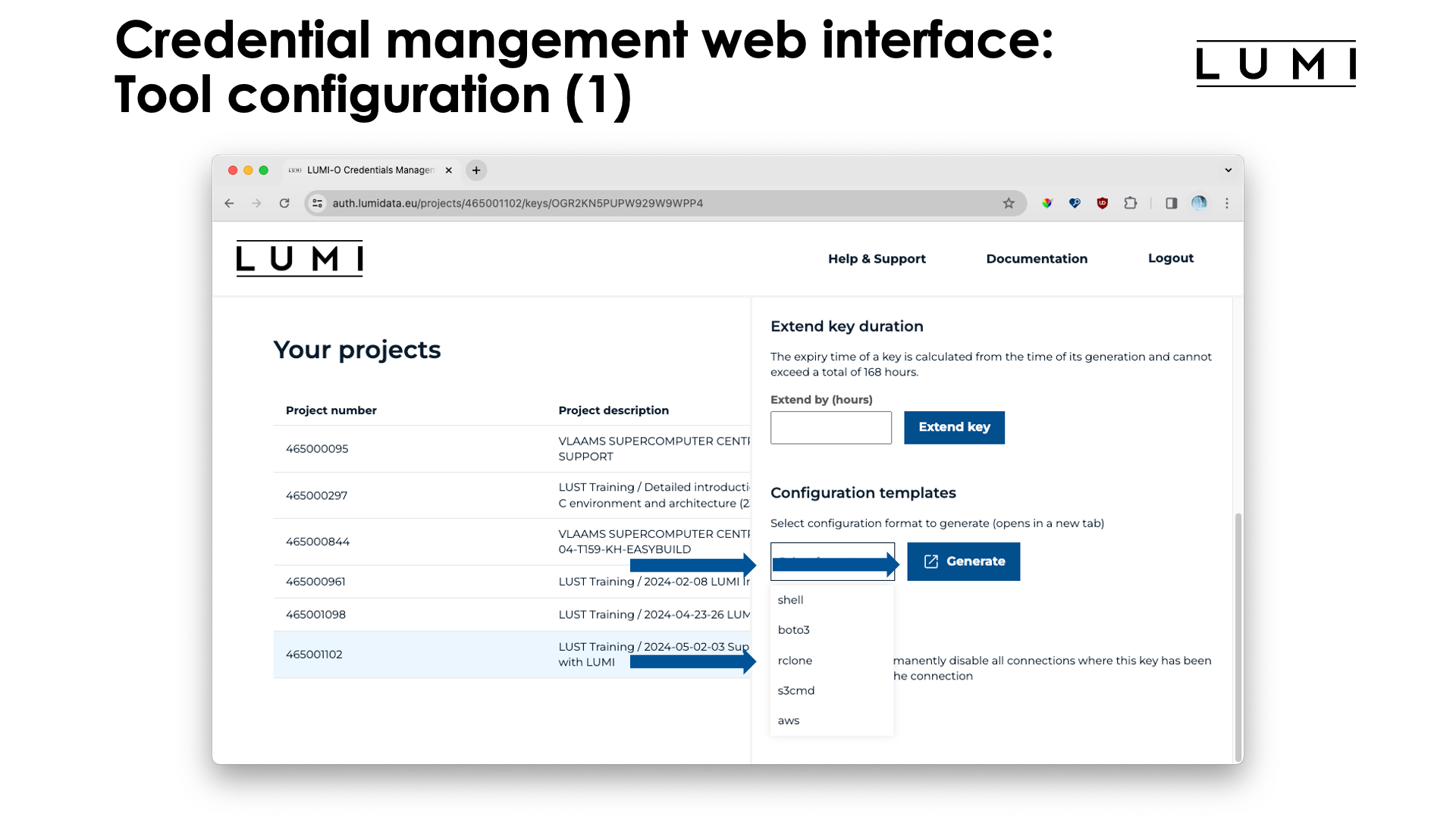 Slide Credentials management web interface: Configuring tools (1)